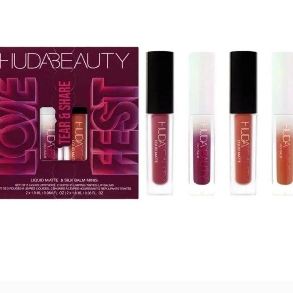 Huda Beauty - Love Fest Tear & Share Liquid Matte & Silk Balm Minis Set of 2 Liquid Lipsticks, 2 Nutri Plumping Tinted Lip Balms Burning Cherry(silk Balm), Boho Babe (liquid Balm), Toasted (silk Balm) Hot Hippie ( Liquid Mate)