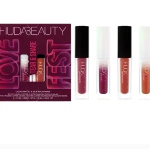 Huda Beauty - Love Fest Tear & Share Liquid Matte & Silk Balm Minis Set of 2 Liquid Lipsticks, 2 Nutri Plumping Tinted Lip Balms Burning Cherry(silk Balm), Boho Babe (liquid Balm), Toasted (silk Balm) Hot Hippie ( Liquid Mate) - Beautifly Bangladesh