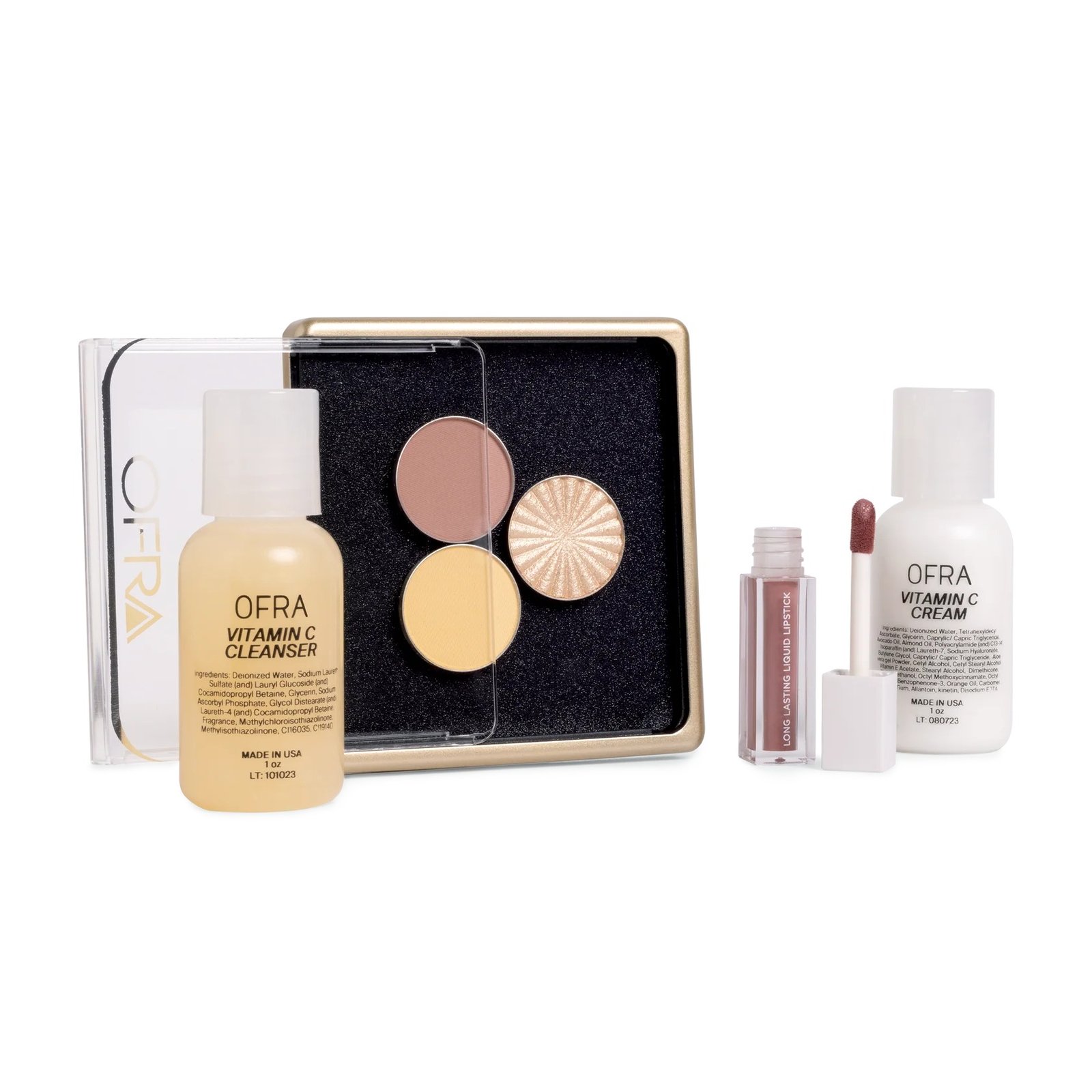 OFRA Cosmetics - Hello Beauty Starter Set 1.5g Highligter Godet Rodeo Drive 1.5g Blush Godet Rose 1.5g Godet Banana Powder Vitamin C Cream Vitamin C Cleanser Mini Long Lasting Liquid Lipstick Oh My Ry Ry I Palette Mini Magnetic Palette